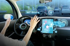 cockpit of autonomous car. self driving vehicle hands free driving.