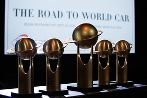 The 2016 World Car Awards are displayed before being awarded at the New York International Auto Show at the Javits Center on March 24, 2016 in New York City.