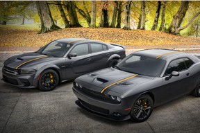 2022 Dodge Challenger GT RWD (near) and 2022 Dodge Charger Scat Pack Widebody, with HEMI® Orange appearance package.