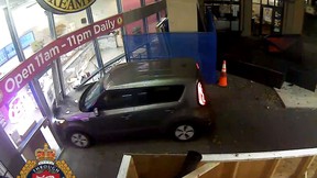 A Kia crashing into the front of an ice cream shop in Victoria, B.C.
