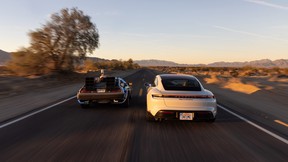 A Porsche Taycan and a DeLorean DMC-12 celebrate Back to the Future Day, October 21, 2021